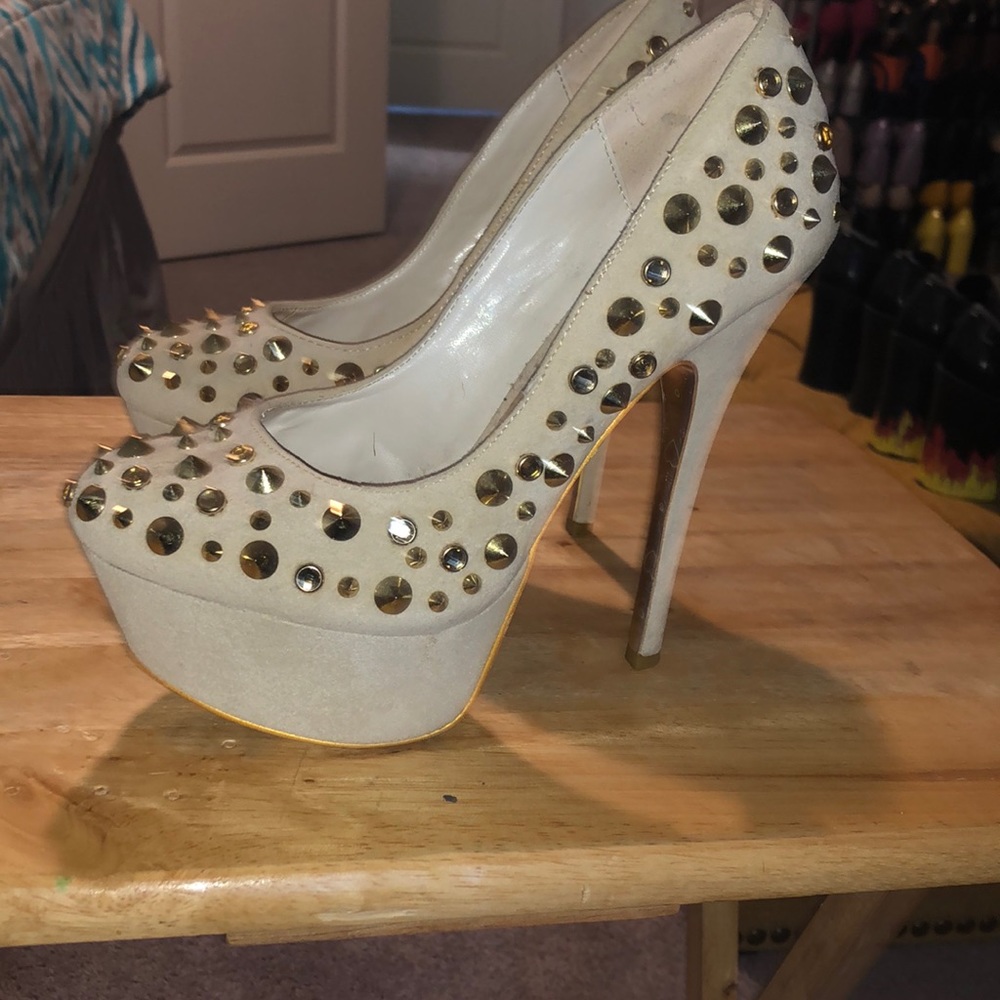 Alba tan suede studded platform heels
